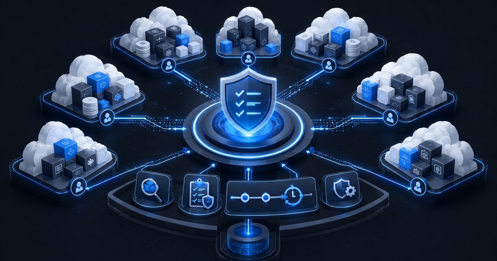 Multiple AWS accounts feeding configuration history and compliance controls into a governed central view