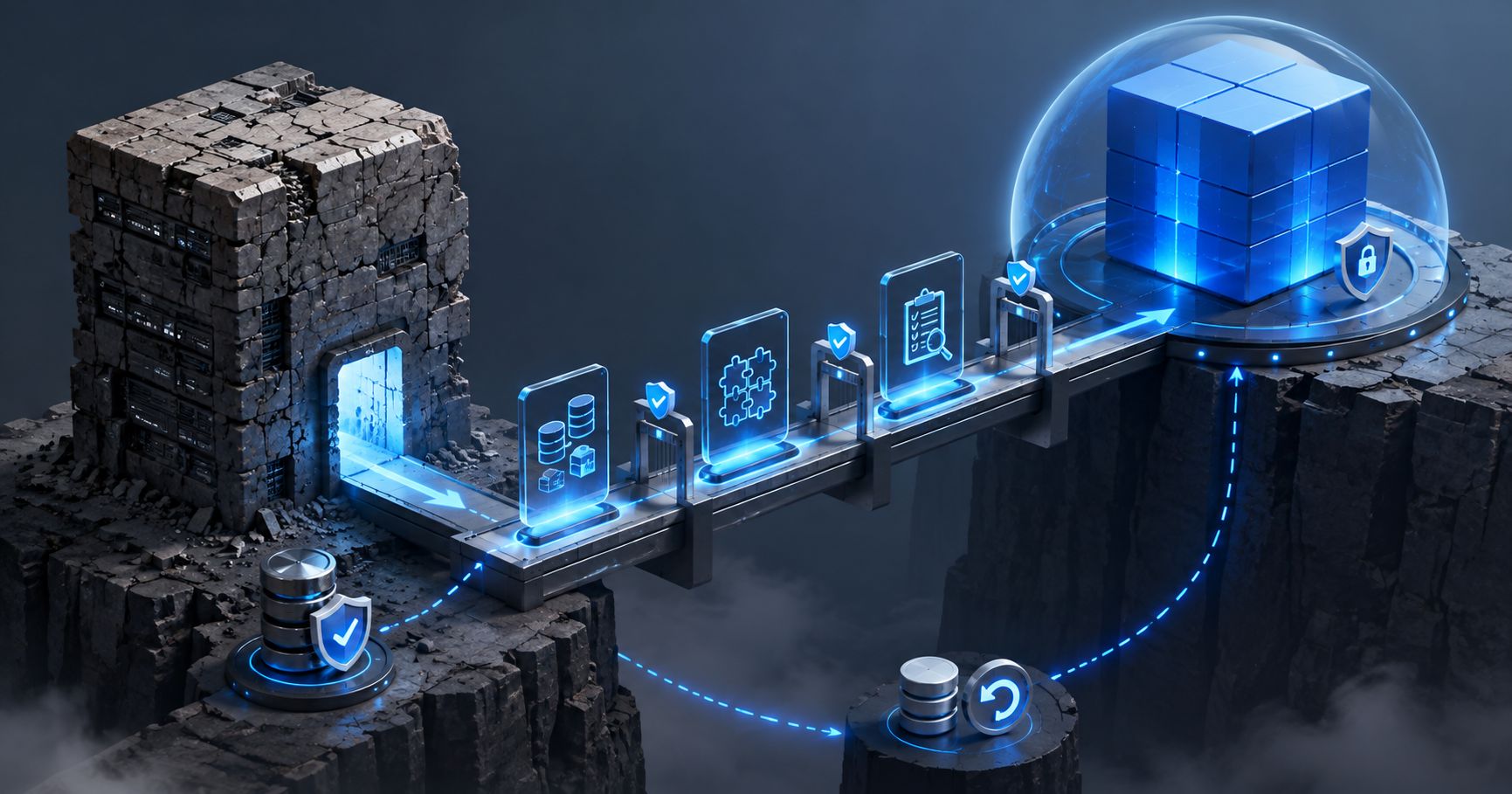A damaged legacy system connected by a gated bridge to a protected modern platform, with a separate rollback path