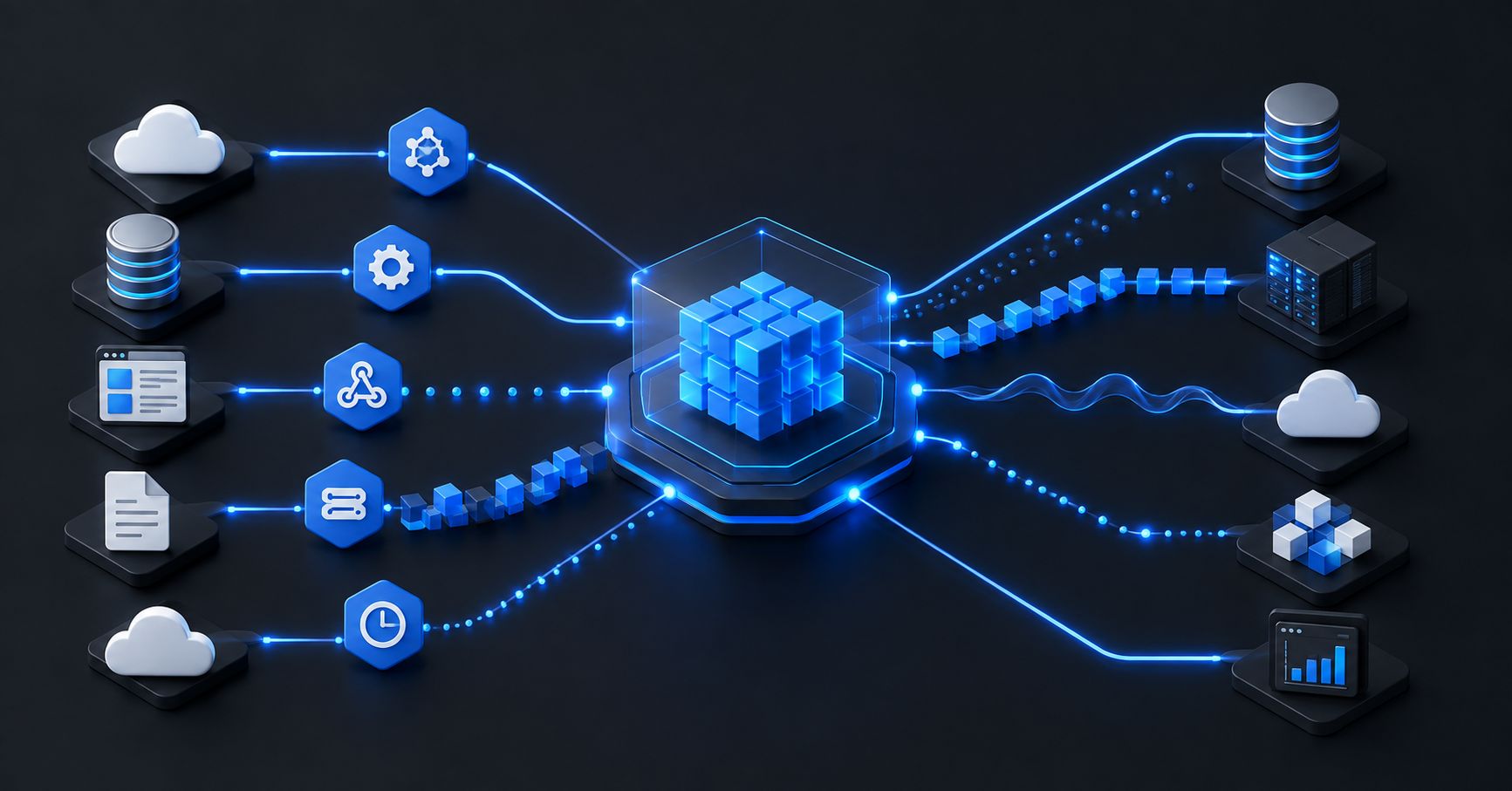 Independent systems connected through distinct API, webhook, queue and event communication paths