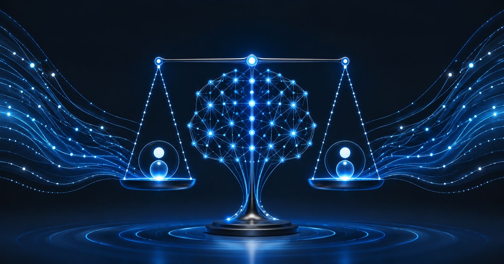 Balanced geometric figures connected to an AI decision system with visible human oversight